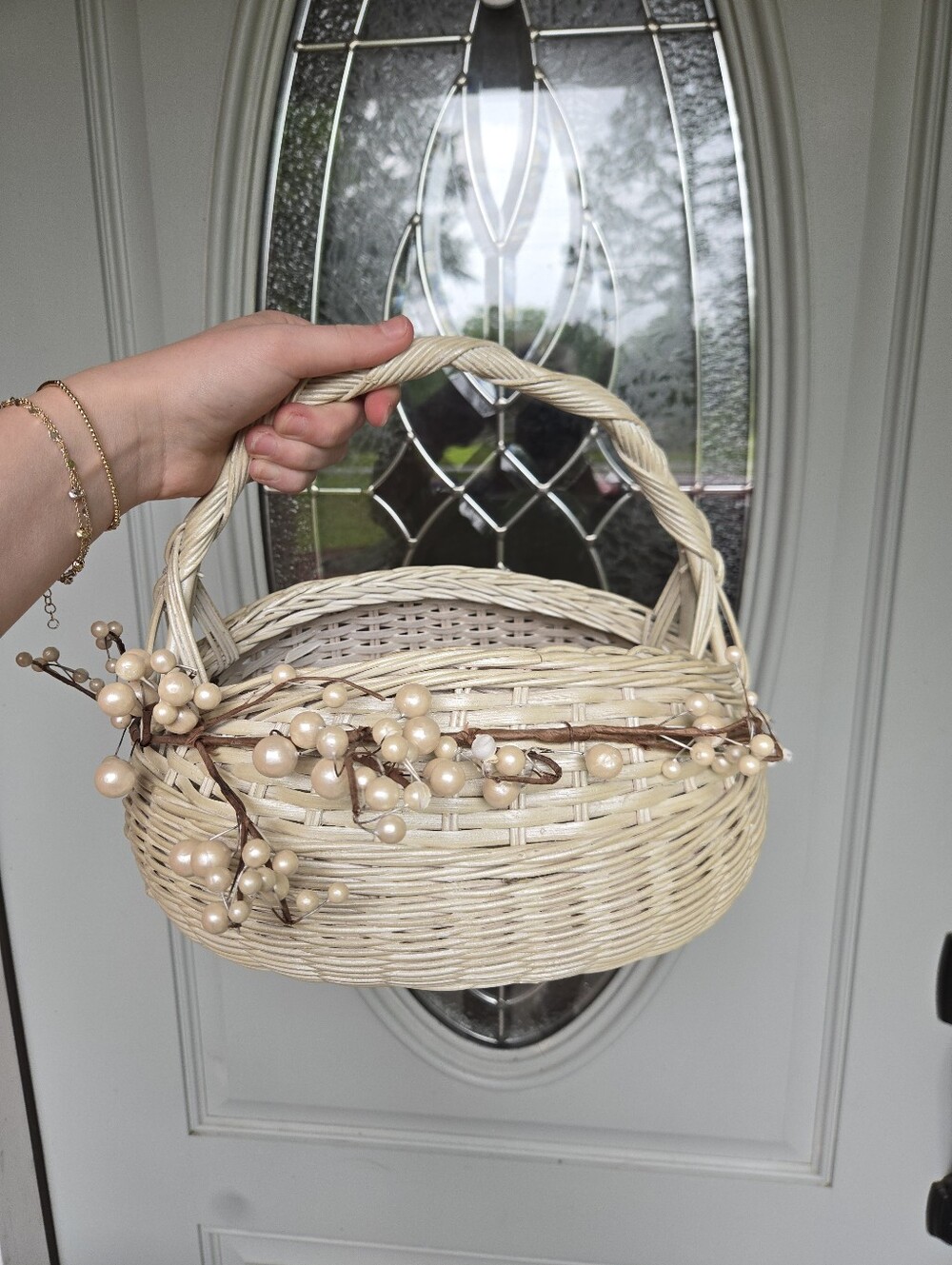 Cream Flower Girl Basket Faux Berry Vine